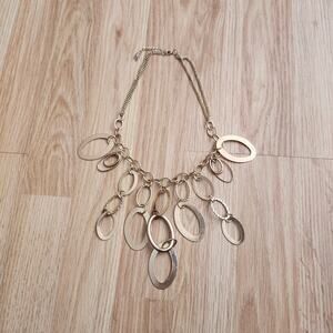 Gold Tone Oval Dangle Chunky Bib Fringe Statement Necklace Layered Collar